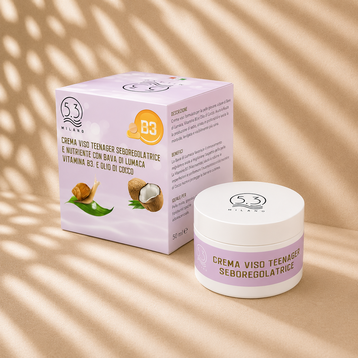 Crema Viso Teenager Seboregolatrice e Nutriente con Bava di Lumaca, Vitamina B3 e Olio di Cocco